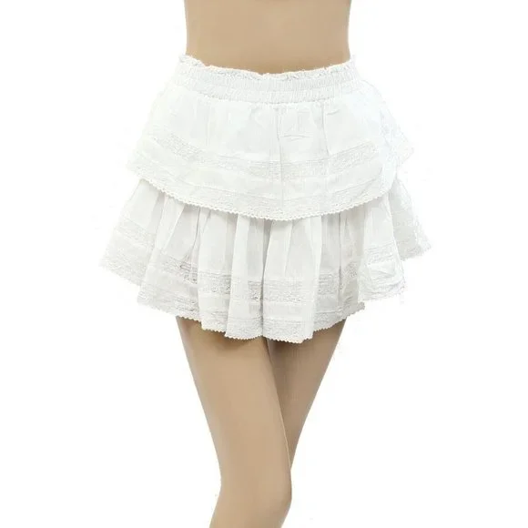 Loveshackfancy Ruffle Mini Skirt Lace Antique White Cotton Tiered Beach M - Picture 4 of 7